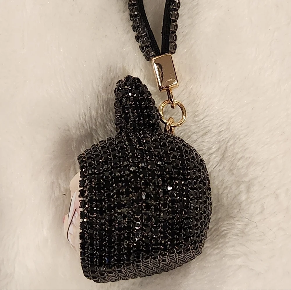 Labubu Black Rhinestone Keychain with Gold Ring Bag Charm